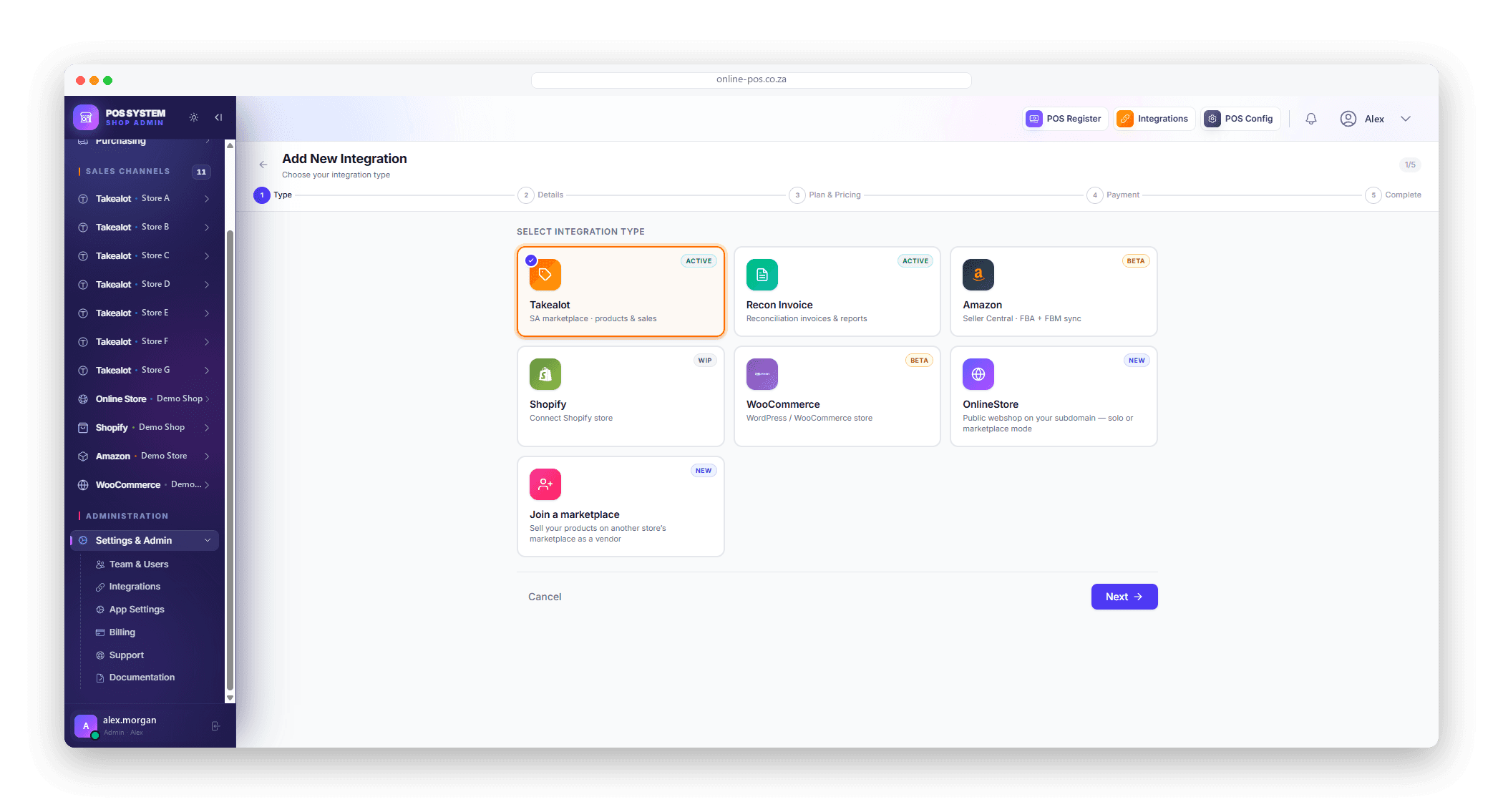 Adding a sales channel in Online POS: the integration picker offering Takealot, Shopify, Amazon, WooCommerce, a built-in online store and vendor marketplace, each with a live status badge.
