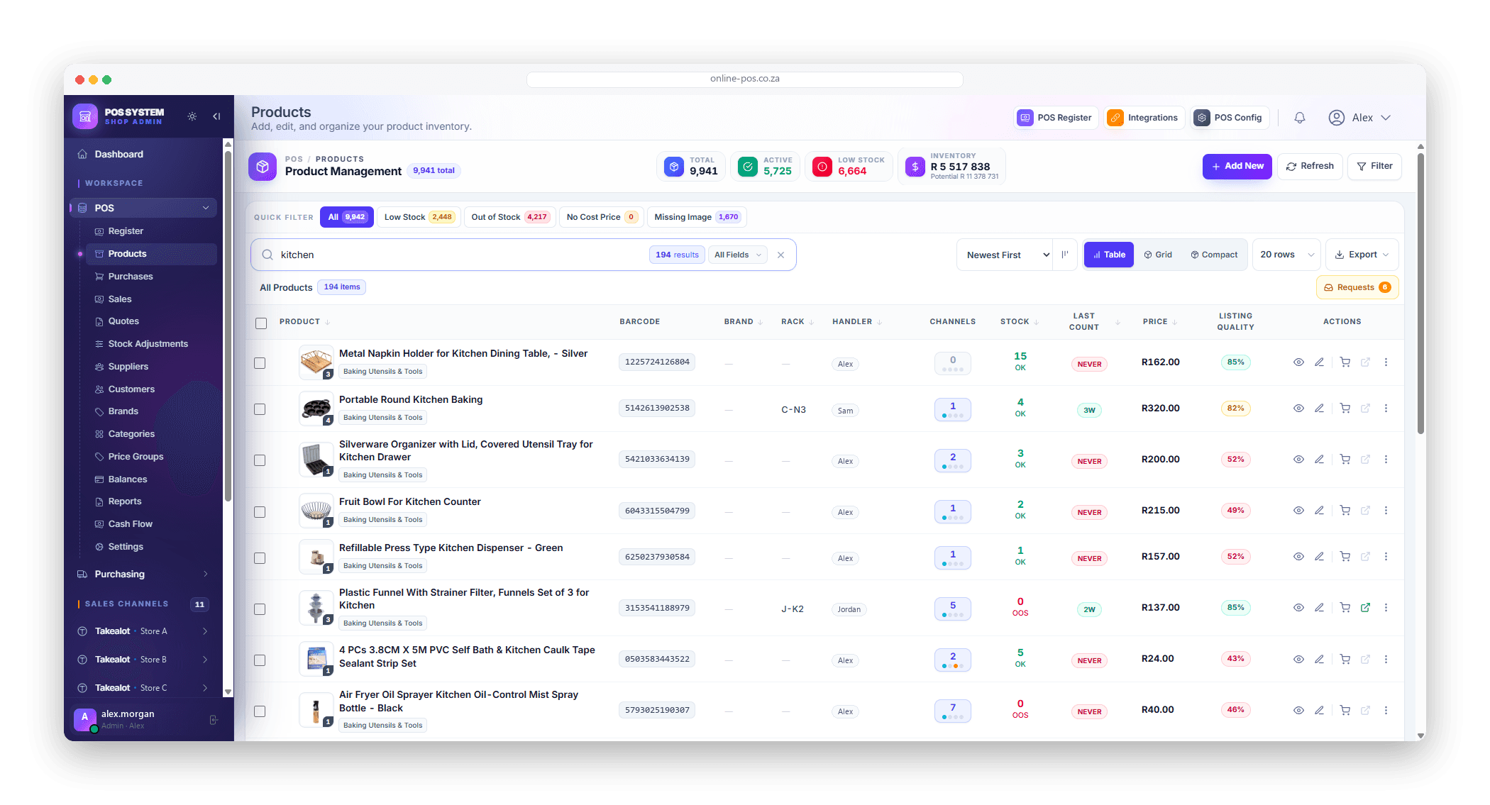 Product management in Online POS: 9,941 products with filters for low stock, out of stock and missing images, and a table of barcodes, rack locations, sales channels, stock and listing quality.