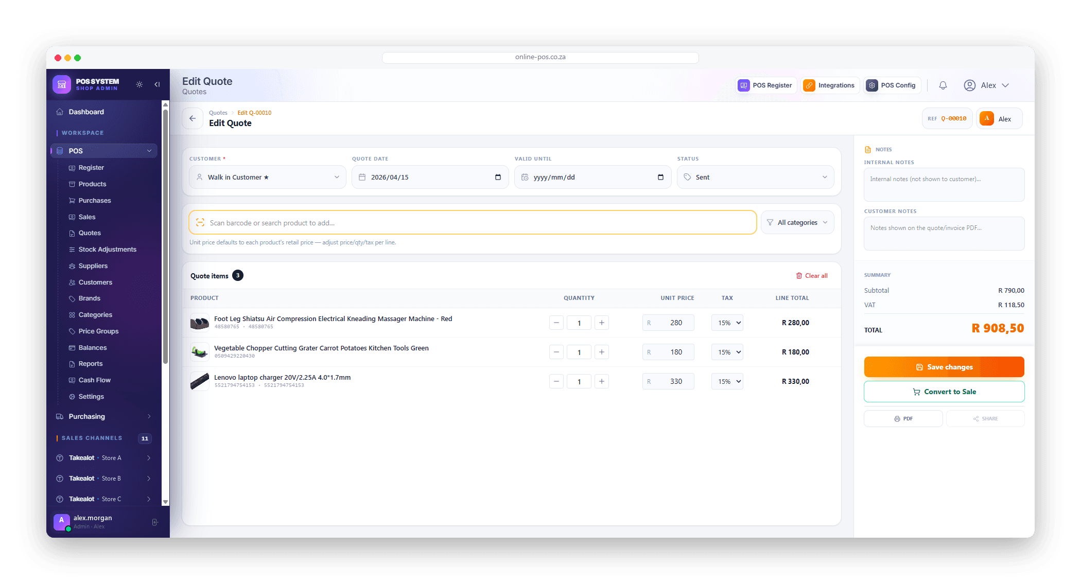 The quote editor in Online POS: line items with per-line pricing and tax, a running subtotal, VAT and total, and actions to export a PDF or convert the quote into a sale.